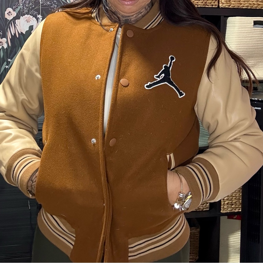 Jordan Brown and Tan Varsity Jacket with Logo
